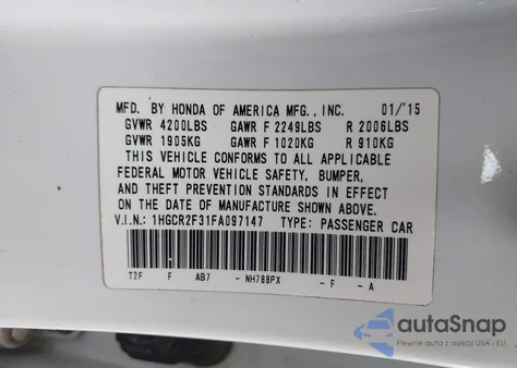 2015 Honda Accord Lx from USA, damaged, VIN 1HGCR2F31FA097147